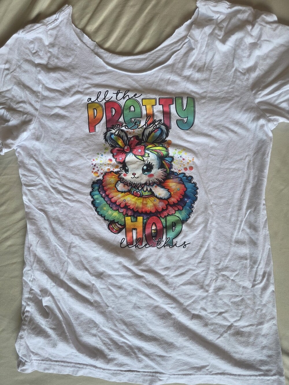 Womens White Graphic Tee with Rainbow Bunny Print